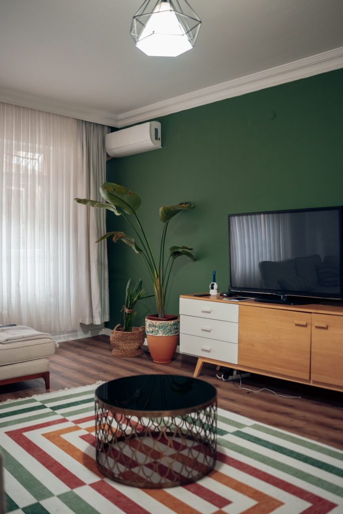 Salon avec mur peint en vert profond