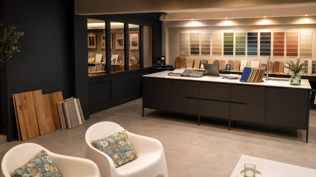 Showroom Anjou Décor Clémenceau à Angers avec présentation de peinture et matières décoratives